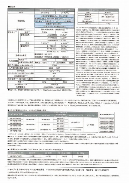 シャープ　第３世代パワーコンディショナ仕様表